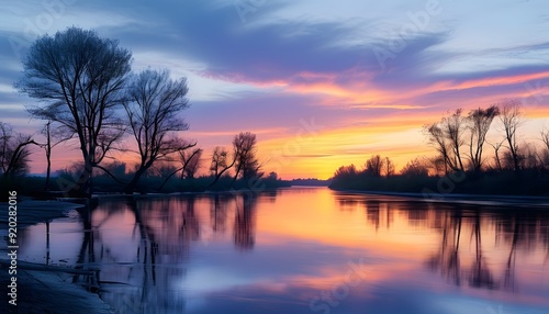 The tranquil river surface reflects the light blue and purple sunset afterglow, and the shadows of trees in the distance are intertwined.