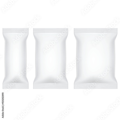 Three white packaging bags of different sizes. Vector illustration