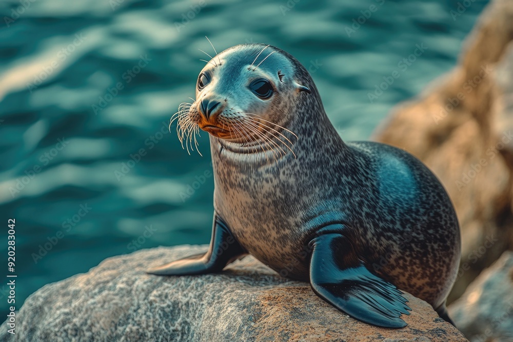 Fototapeta premium Seal on rocks by ocean