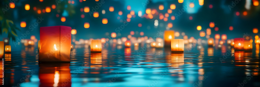 Obraz premium Floating Lanterns on Water - Illustration