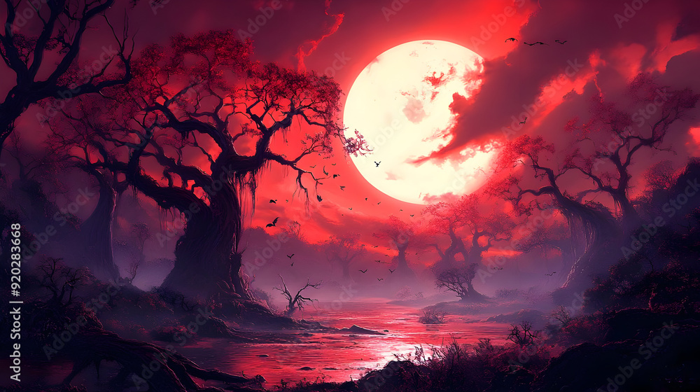 A haunting landscape with a large red moon and twisted trees, creating an eerie atmosphere. A haunting landscape with a large red moon and twisted trees, creating an eerie atmosphere.