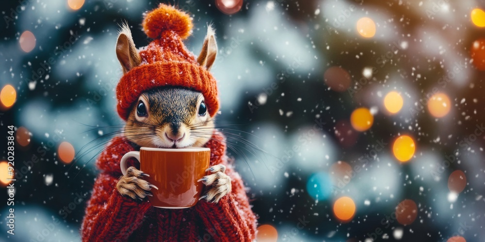 Fototapeta premium Cheerful Squirrel in Knitted Cap Sipping Cacao from a Cup Amidst a Wintery Forest with Fir Trees, Snow, and Festive Lights, Embracing the New Year Holiday Spirit.