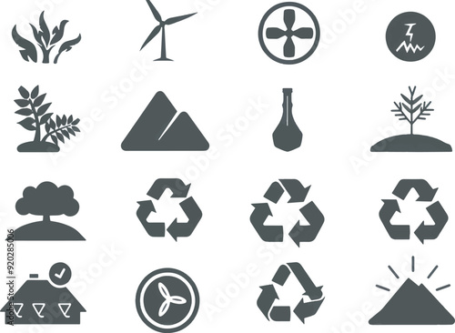 A clean vector icon set including a green energy, nature conservation, carbon footprint, and sustainability