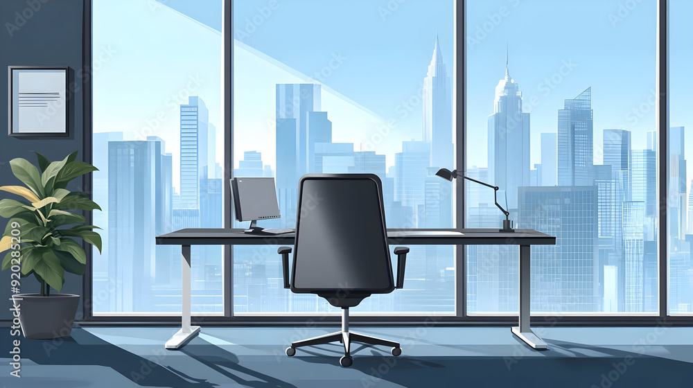 A modern office space with a view of a city skyline, featuring a desk and chair. A modern office space with a view of a city skyline, featuring a desk and chair.