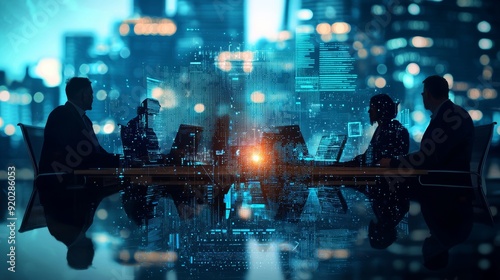 Wallpaper Mural Silhouettes of business professionals in a meeting room, surrounded by digital data graphics, conveying innovation and teamwork. Torontodigital.ca