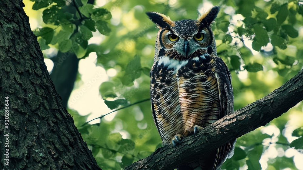 Great Horned Owl Perched on a Branch Great Horned Owl Perched on a Branch
