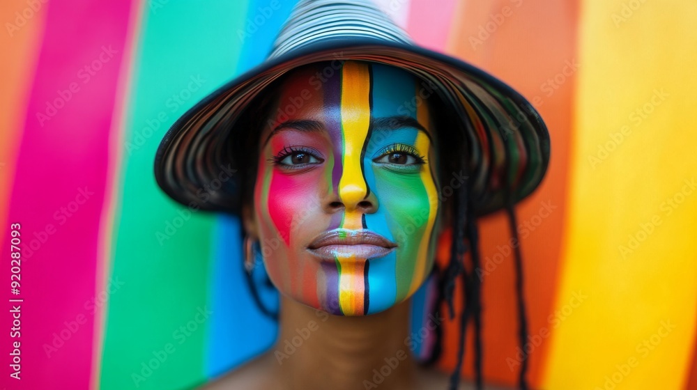 A portrait of a person with rainbow face paint their expression confident and proud against a colorful backdrop A portrait of a person with rainbow face paint their expression confident and proud against a colorful backdrop