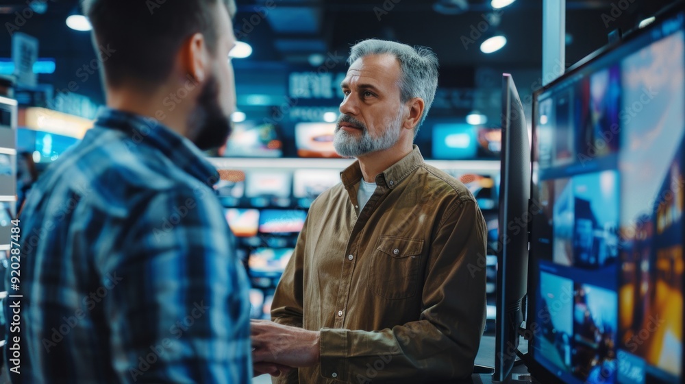 Two men are talking in a store Two men are talking in a store
