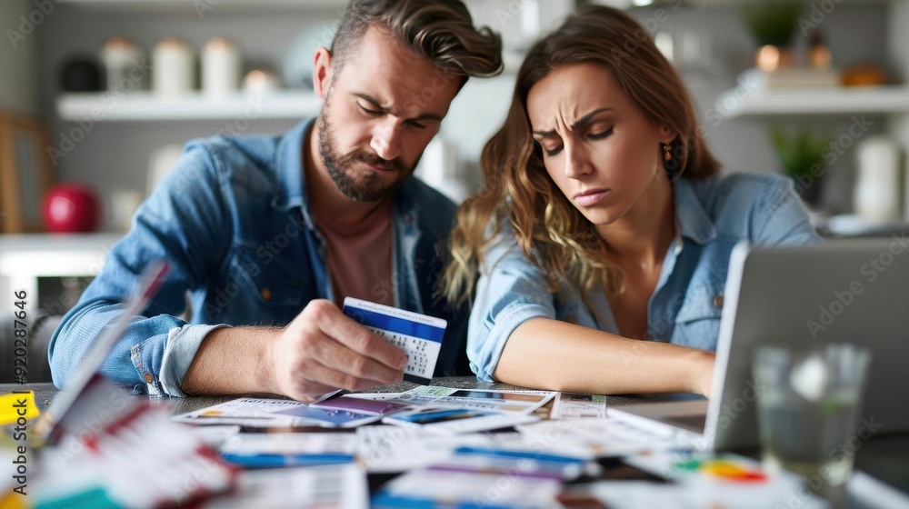 Frustrated couple with credit card statements spread out, joint debt, relationship stress Frustrated couple with credit card statements spread out, joint debt, relationship stress