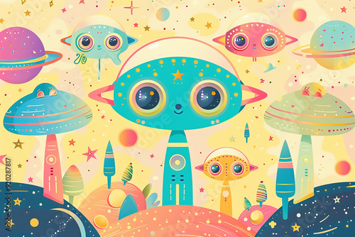 Colorful cartoon style aliens and spaceships on a pastel colored background for children. photo