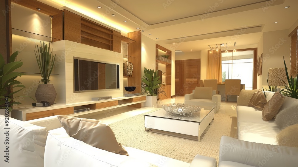 Naklejka premium 3D model of a modern living room interior mockup featuring a leather sofa, armchair, and fireplace