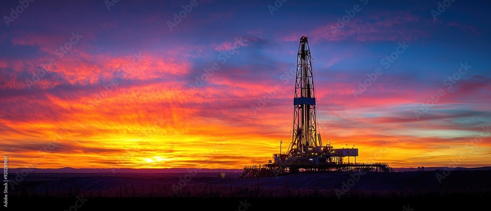 Fototapeta premium Majestic Oil Drilling Rig Silhouetted Against Vibrant Sunset Sky