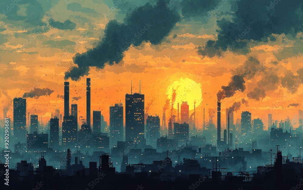 Fototapeta premium Toxic Cityscape: Cartoon Illustration of Urban Area with Severe Smog and Industrial Pollution
