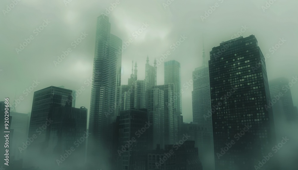 Misty cityscape with skyscrapers obscured in fog during early morning hours Misty cityscape with skyscrapers obscured in fog during early morning hours