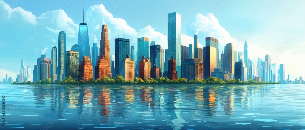 Obraz premium Climate Crisis in Cartoon City: Melting Buildings and Rising Waters