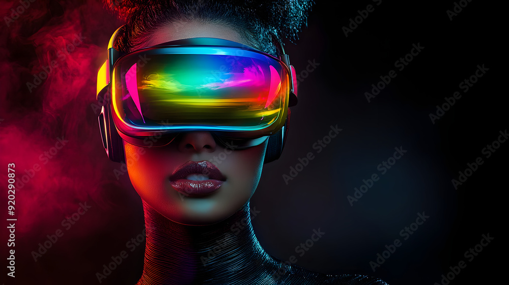 A futuristic individual wearing colorful VR goggles, immersed in a digital environment. A futuristic individual wearing colorful VR goggles, immersed in a digital environment.
