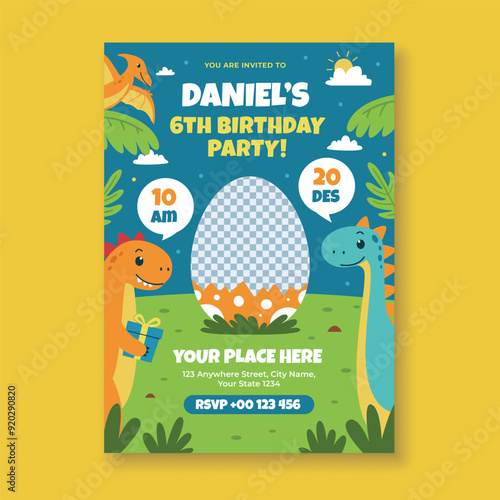 Dinosaur birthday invitation party template with dinosaur egg shaped empty space for your image
