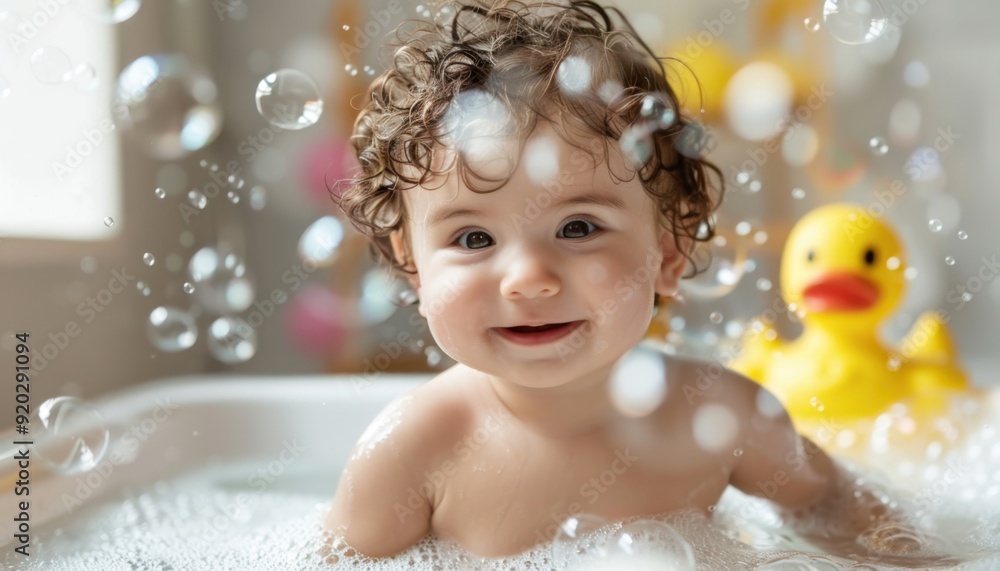 Happy baby playing in bubbly bath with yellow rubber duck in bright indoor setting Happy baby playing in bubbly bath with yellow rubber duck in bright indoor setting