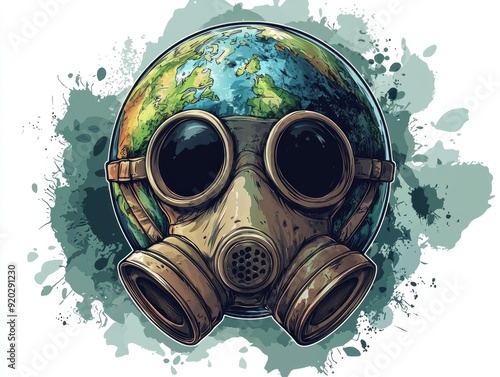Protecting Cartoon Earth: Gas Mask Symbolizing Toxic Air Pollution Awareness