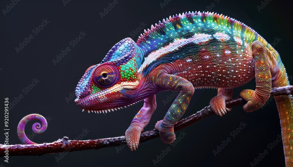 Colorful chameleon perched on a branch with vibrant scales and intricate patterns Colorful chameleon perched on a branch with vibrant scales and intricate patterns