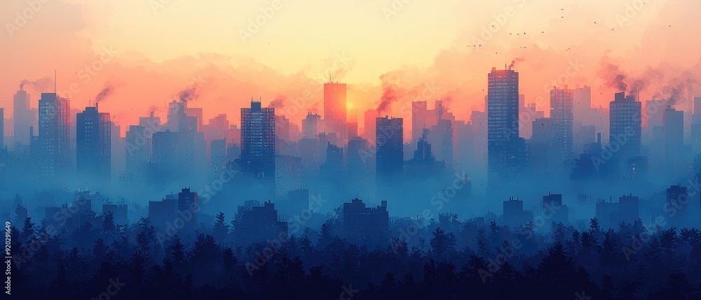 Smog-Covered Cartoon Cityscape with Air Pollution Crisis Smog-Covered Cartoon Cityscape with Air Pollution Crisis