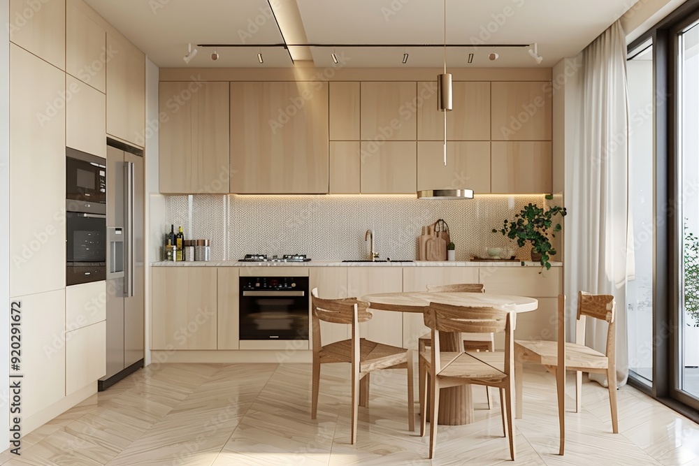 A Modern Beige Kitchen with a Dining Table in Sharp Focus A Modern Beige Kitchen with a Dining Table in Sharp Focus