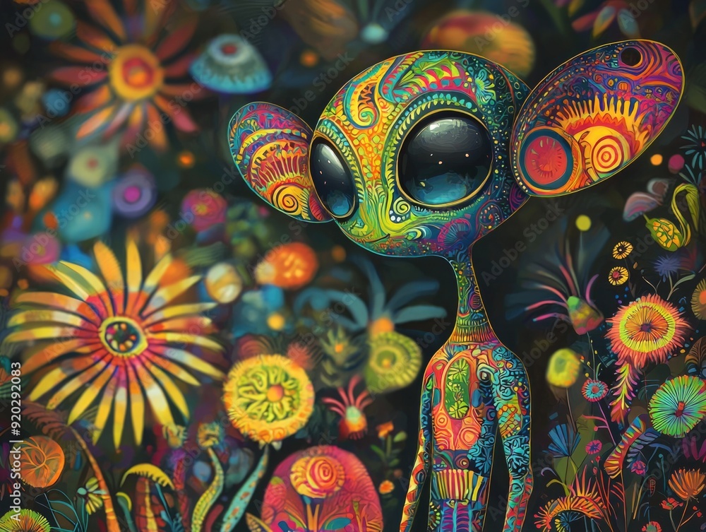 Obraz premium Funky Cartoon Alien with Vibrant Patterns Venturing through Exotic Alien Jungle