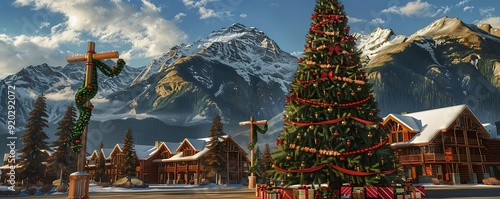 A festive holiday scene at a mountain resort with a large decorated Christmas tree, cozy cabins, and snow-capped mountains in the background. photo