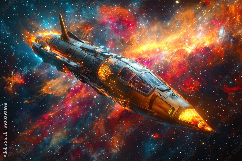 Intergalactic Adventure: Cartoon Spaceship and Aliens Exploring a Nebula in Space Intergalactic Adventure: Cartoon Spaceship and Aliens Exploring a Nebula in Space