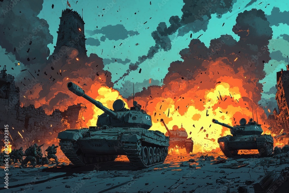 Intense Battle Scene with Cartoon Tanks and Soldiers in Action-Packed Combat Intense Battle Scene with Cartoon Tanks and Soldiers in Action-Packed Combat