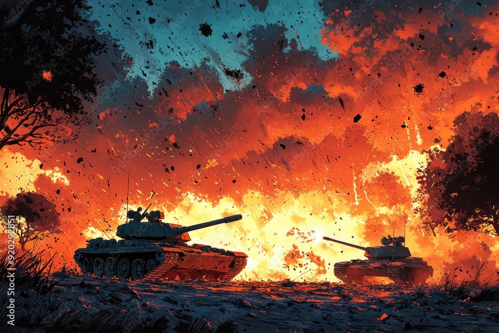 Intense Cartoon Battle Scene with Tanks and Soldiers Fighting in Action-Packed Warfare Illustration Intense Cartoon Battle Scene with Tanks and Soldiers Fighting in Action-Packed Warfare Illustration
