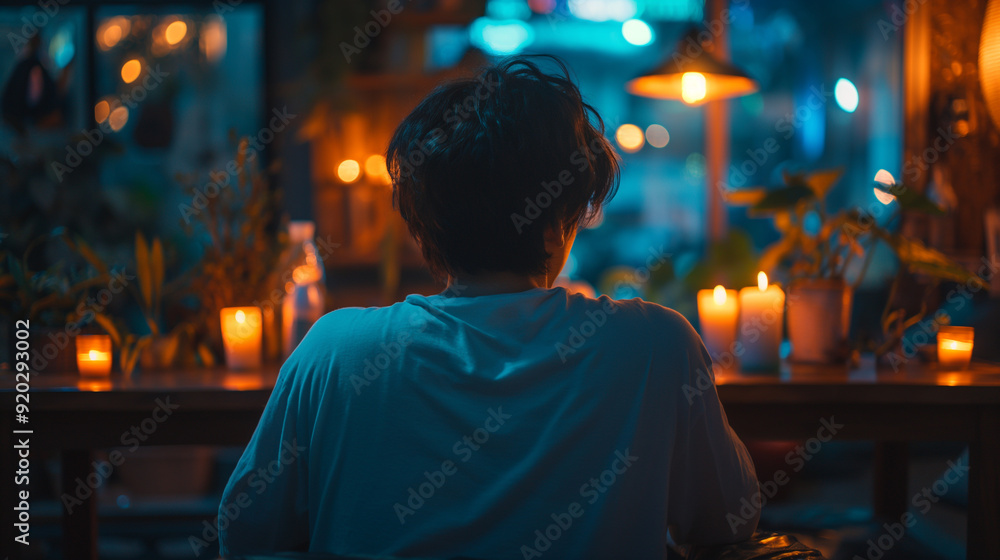 A lonely man silently looking at the candle. The light within oneself shines in the darkness. A lonely man silently looking at the candle. The light within oneself shines in the darkness.
