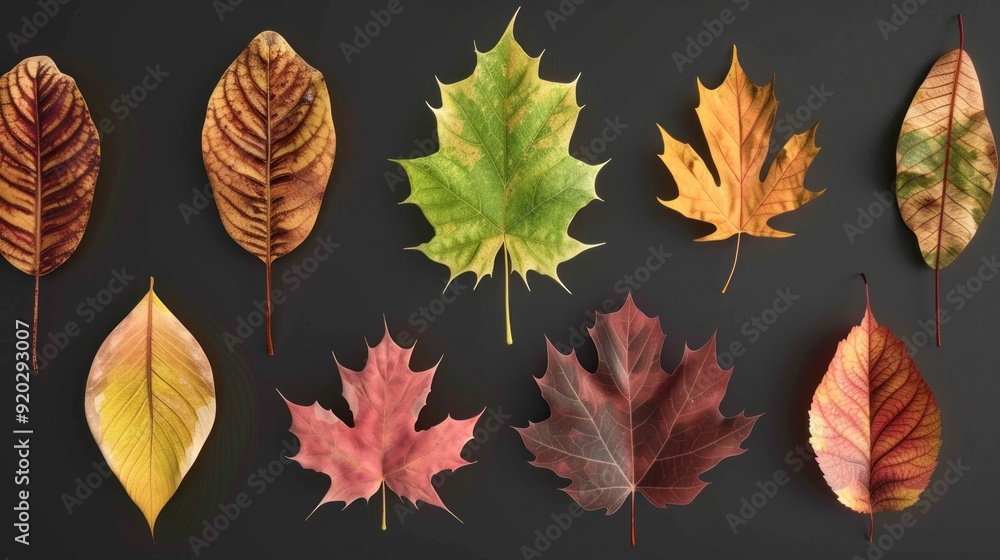 A collection of autumn leaves are arranged in a row on a black background A collection of autumn leaves are arranged in a row on a black background