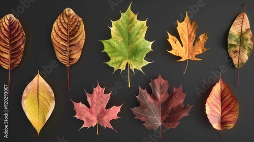 Wallpaper Mural A collection of autumn leaves are arranged in a row on a black background Torontodigital.ca