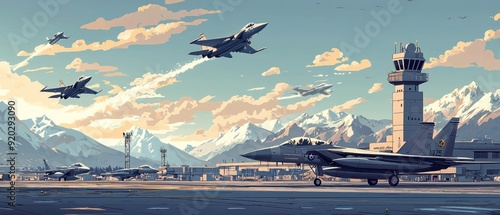 Dynamic Military Airbase Operations - Cartoon Jets Taking Off on Mission