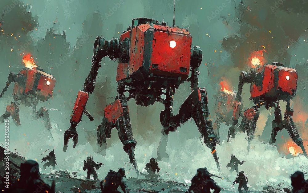 Clash of Futuristic Robots and Soldiers in an Intense Cartoon Combat Scene Clash of Futuristic Robots and Soldiers in an Intense Cartoon Combat Scene