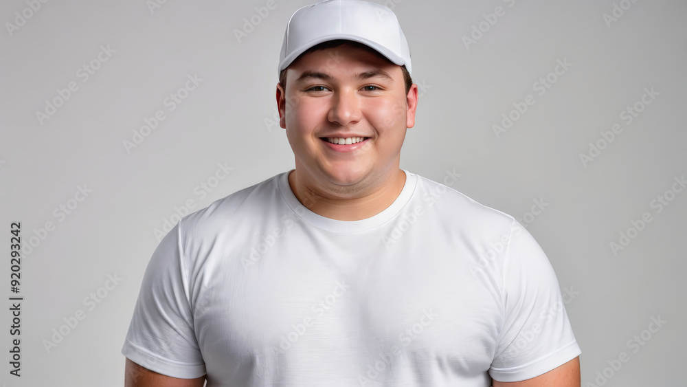 Plus size young man wearing white t-shirt and white baseball cap isolated on grey background Plus size young man wearing white t-shirt and white baseball cap isolated on grey background