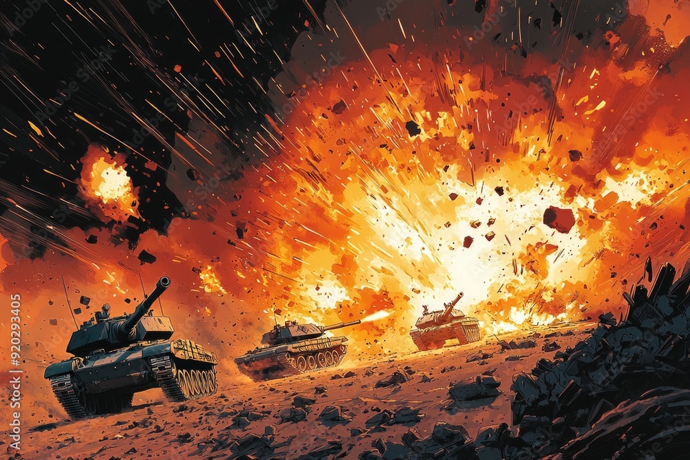 Explosive Tank Battle in Cartoon Style with Tanks Engaging in Fierce Combat Explosive Tank Battle in Cartoon Style with Tanks Engaging in Fierce Combat