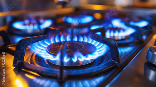 Blue flames from gas stove burners, highlighting the efficiency and power of modern cooking appliances in a kitchen setting.