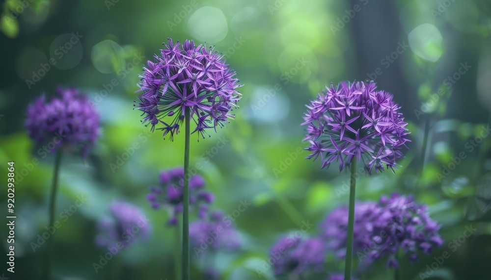 Purple flowers blooming in a lush garden during early morning light Purple flowers blooming in a lush garden during early morning light