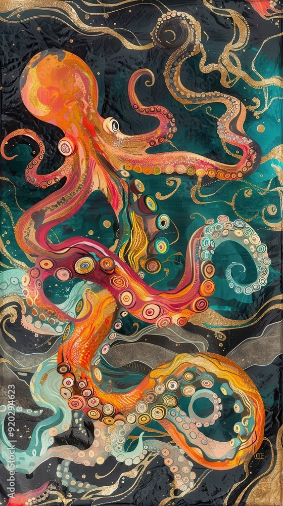 A colorful octopus gracefully floats through the depths of the ocean, surrounded by swirling currents and vibrant colors A colorful octopus gracefully floats through the depths of the ocean, surrounded by swirling currents and vibrant colors