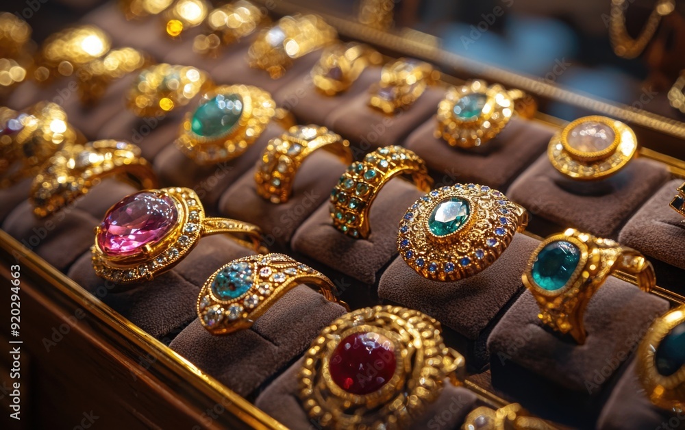 Elegance in Every Gem - Luxurious Gold Jewelry Collection with Precious Stones Glowing in Soft Light Elegance in Every Gem - Luxurious Gold Jewelry Collection with Precious Stones Glowing in Soft Light