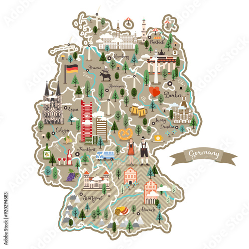 Stylized map of Germany. German symbols, car, wine, pretzel, mountains and other landmarks. Travel to German. Man and woman in national costume.