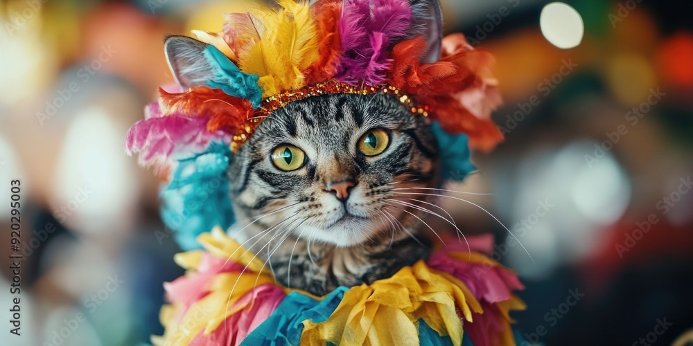 Cat with colorful headdress and feathers Cat with colorful headdress and feathers