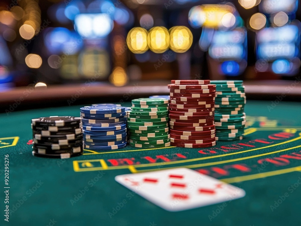 Glowing Jackpot: Close-up of Casino Card Game Table with Exciting Jackpot Sign in Background Glowing Jackpot: Close-up of Casino Card Game Table with Exciting Jackpot Sign in Background