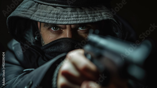 Hooded figure aiming a gun with intense focus, evoking a sense of danger and suspense in a dramatic, dark setting. photo