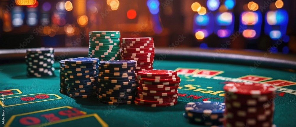 Celebrating the Jackpot: Casino Table Covered in Chips, Cards, and Winning Excitement Celebrating the Jackpot: Casino Table Covered in Chips, Cards, and Winning Excitement