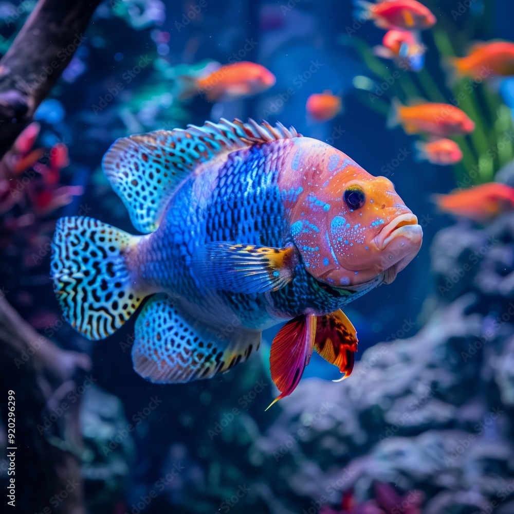 Fototapeta premium Flowerhorn Cichlid Colorful fish swimming in Aquarium deep blue freshwater fish tank. Flower horn fishes are ornamental fish that symbolizes the luck of