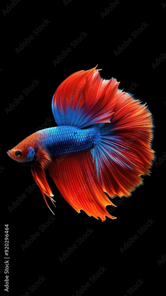 A vibrant red and blue betta fish with flowing fins against a black background. A vibrant red and blue betta fish with flowing fins against a black background.