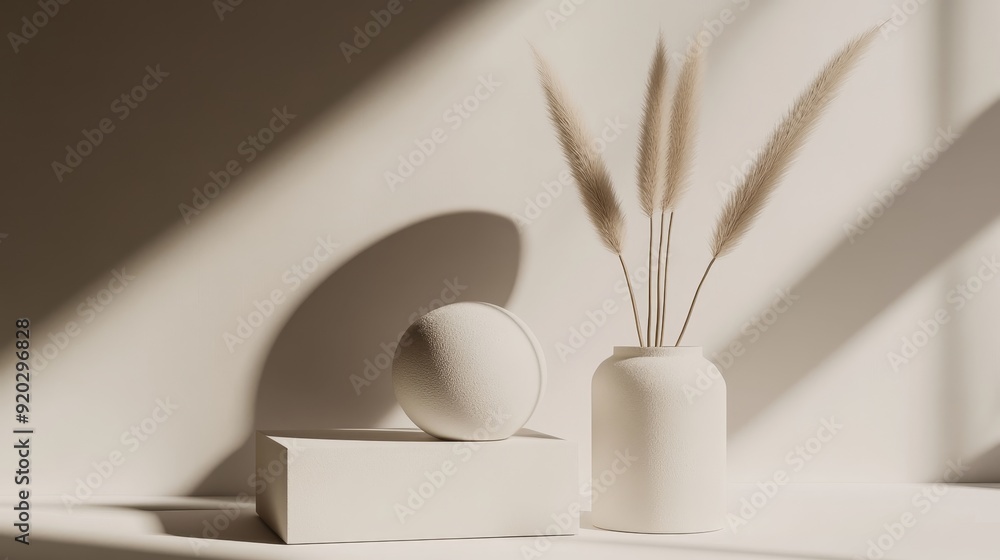 A minimalist arrangement featuring a spherical object, a rectangular base, and a vase with dried grass, illuminated by soft light. A minimalist arrangement featuring a spherical object, a rectangular base, and a vase with dried grass, illuminated by soft light.